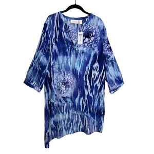 Chico's Tunic Blue Tie Dye Floral Asymmetric Sequin Hem Blouse New
